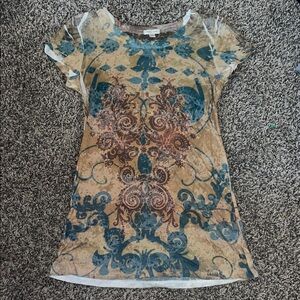 Maurices Blue and Tan Patterned Short Sleeve Top